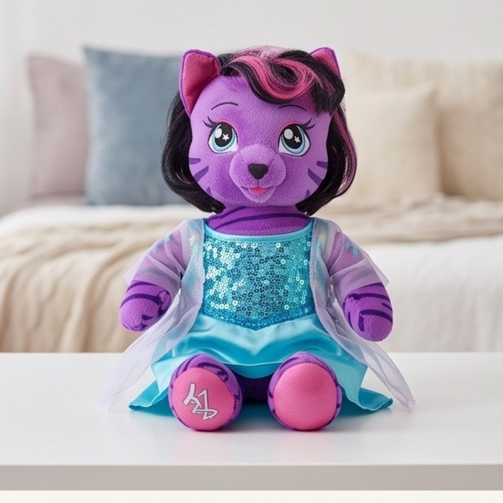 Build A Bear Honey Girls Stella Purple Cat Plush 18" Blue Sequined Dress